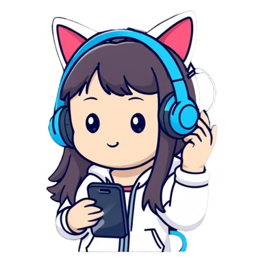 Super kawaii Japanese girl with long hair wearing cat ear headphones and holding a mobile phone sticker