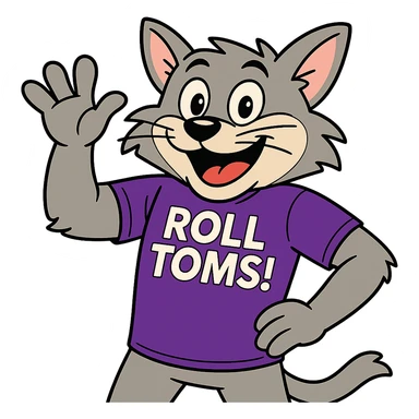 Make Tommie the Tomcat look more cartoonish, waving and looking energetic, keeping the purple t-shirt with 'Roll Toms!' text, no background. sticker