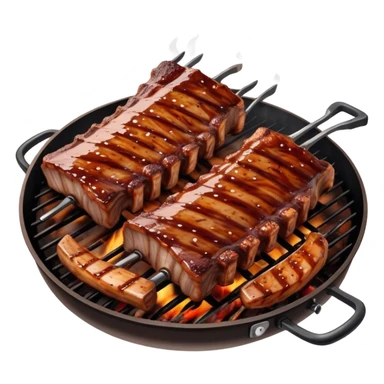 Cinematic juicy grilled ribs, glistening with smoky barbecue sauce, charred edges, tender meat falling off the bone, sizzling on a hot grill, mouthwatering and rich, warm and inviting, ultra-realistic and delicious. sticker