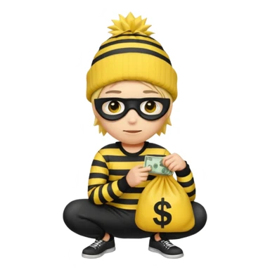 An Apple style rubber emoji is wearing a black beanie and has yellow hair that is spiky but flat hanging out from under it and the robber is wearing a striped shirt and has yellow skin and black eye mask. He also has the money back over his shoulder and is sort of crouching. sticker