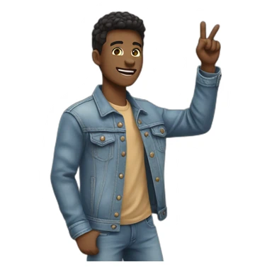 Cool person in denim jacket pointing upward from left hand skin color light. Make look face with emoji sticker