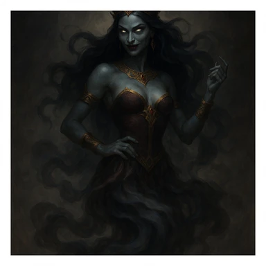 a beautiful but evil jinn queen, ethereal, smoke-like lower body, regal pose, sinister expression, fantasy art sticker