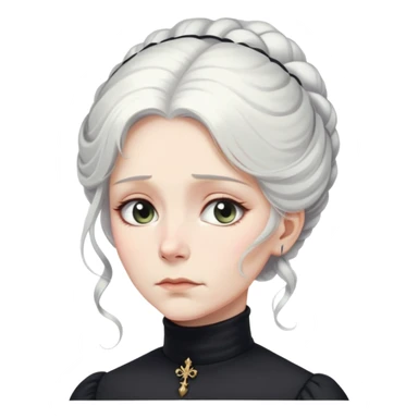A Victorian woman with elegant coiffed white hair and light eyes wearing a modest black turtleneck mourning dress looking down with a forlorn expression sticker