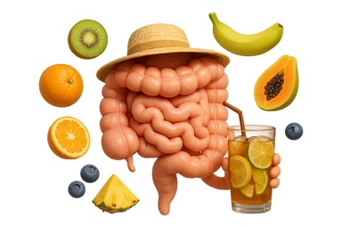 EMOJI STILE IPHONE DI INTESTINO UMANO REALISTICO CON CAPPELLO DI PAGLIA DA SPIAGGIA CHE BEVE UN Tè FREDDO IN BICCHIERE DI VETRO CON DENTRO  fette di cetriolo, limone, lime, DIETRO L'INTESTINO FLUTTUANO PEZZETTI DI Kiwi
Banana acerba
Arance e mandarini
Mirtilli
Ananas
Papaya
IPERREALISTICO 4K sticker