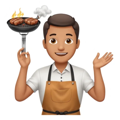 A cheerful man in an apron flipping meat on a sizzling grill with smoke puffing upward. sticker