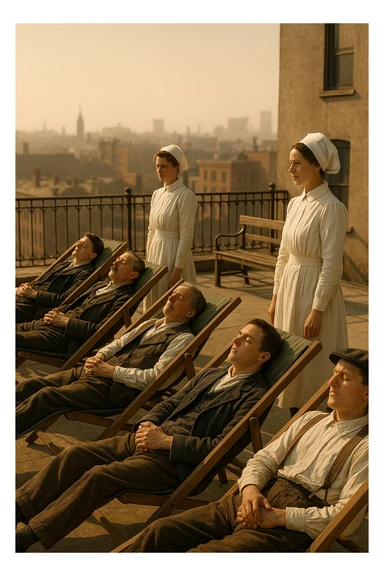 A realistic cinematic image of a hospital rooftop solarium from the 1900s, patients sunbathing under nurse supervision for heliotherapy against tuberculosis and rickets. sticker