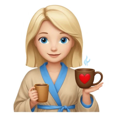 cozy blonde girl with middle length hair and blue eyes holds a brown cup in abeige  robe sticker