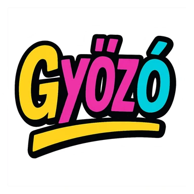The name 'Győző' in a modern, colorful gradient font with a dark outline, dynamic style with slanted or partial underline, in the style of reference patterns. sticker