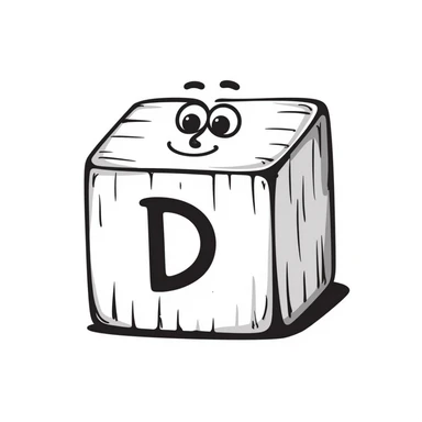 A hand-drawn wooden letter D block with a silly cute expression sticker