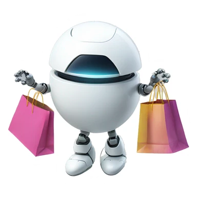 cute white floating spherical happy robot with floating shopping bags sticker