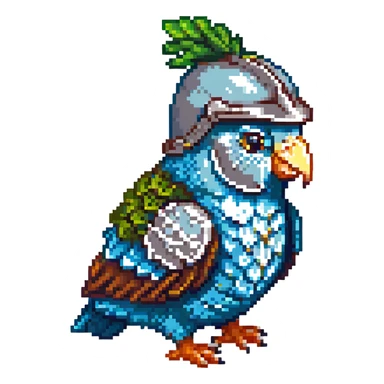 pixel art multicolored parakeet with a medieval helmet sticker