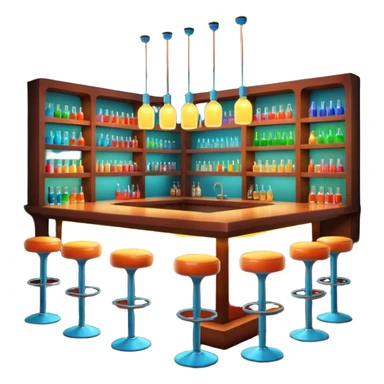 A 3D cartoon bar interior with a counter, glowing shelves of colorful bottles, tall stools, and hanging lights, warm ambient lighting, realistic reflections, Memoji-style. sticker