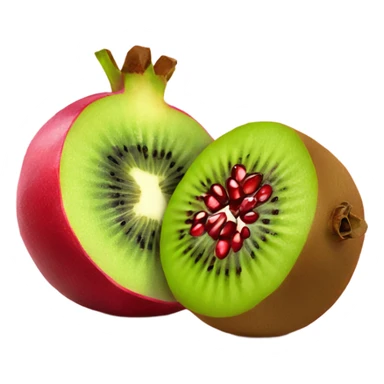 one kiwi and one pomegranate close to each other no face sticker