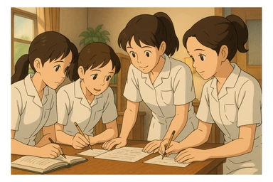 Group of four nursing students working together indoors, white short-sleeve uniforms with V-neck and left chest pocket, bare forearms, long hair tied back, no stethoscopes or collar stand, faces inspired by references, Ghibli style sticker