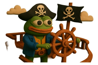 Add the exact skull and crossbones symbol to the pirate flag and the pirate hat in the claymation style image of Pirate Pepe the Frog at the helm of a pirate ship with waves and sky in the background. sticker