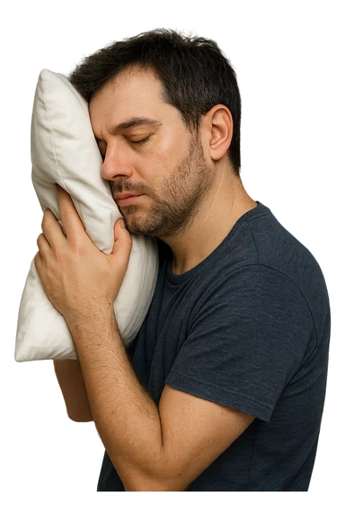 uomo di profilo assonnato che si tiene un cuscino contro la testa, occhi chiusi, iperrealistico 4k, isolato su sfondo bianco sticker