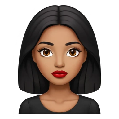 Woman with rich brown skin tone, oval face, elegant features, dark brown eyes, arched eyebrows, red lipstick, long black hair, wearing a black top sticker