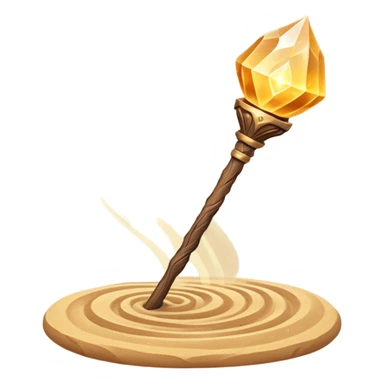 desert sand mage staff object icon, ancient wooden staff, swirling sand crystal on top, glowing golden aura, small floating sand particles, fantasy desert style, 3D cartoon, mobile game icon style, centered, clean background, soft shadow, no text, no watermark
 sticker