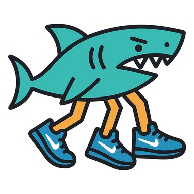 Haz que las zapatillas sean azules, mantén el estilo icono lineal, fondo transparente, el tiburón sigue con tres patas y el logo Nike blanco en las zapatillas. sticker