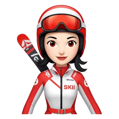 Ski racer woman downhill squad red white dress with the name Stephanie on the dress and the name HEAD on the skis black hair smile sticker