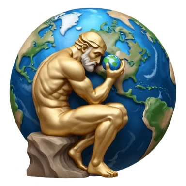 rodins sculpture the thinker but with a planet earth in its hand in a cartoon art style sticker