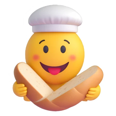 3D smiley emoji, round shape, baker: white hat, holding bread, funny face sticker