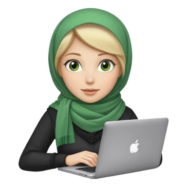 blond women skine , with green eyes , with scarf hijab ,dont show hir hair, with macbook sticker