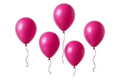 5 palloncini magenta fluttuano in aria isolati su sfondo bianco, iperrealistico 4k sticker