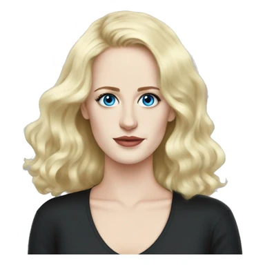 Eva Green with blonde hair, blue eyes, freckles, black shirt sticker