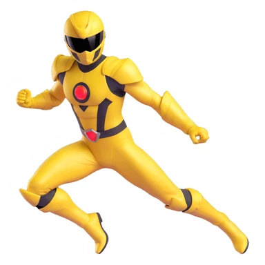 yellow power ranger in dynamic pose, helmet and suit, no text sticker