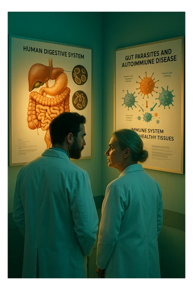 In italiano Realistic, detailed photo taken from behind of two doctors—a bearded man and a middle-aged woman—standing side by side in a modern medical office, intently studying a large, illuminated medical chart on the wall. The chart displays a detailed diagram of the human digestive system, highlighting the intestines and showing microscopic images of intestinal parasites. Next to it, another chart illustrates the immune system attacking healthy tissues, visually connecting gut parasites to autoimmune disease mechanisms. The room is bathed in a single green-blue color, with a warm, yellow-orange light casting soft shadows around the doctors. Both wear white coats and have serious, focused expressions, suggesting a deep discussion about the root causes of autoimmune conditions. Shot with a Canon EOS R5, with high detail, natural depth of field, and a clinical yet dramatic atmosphere. sticker