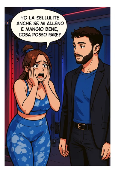 TRASFORMA QUESTO CAROSELLO IN UN FUMETTO STILE WEBTOON/MANGA A COLORI CON QUESTE DUE PERSONE IDENTICHE CHE INTERLOQUISCONO TRA LORO, LA DONNA è DISPERATA CON LE MANI SULLE GUANCE E STA DOMANDANDO TUTTA AGITATA UNA COSA ALL'UOMO:

LEI (DONNA): Ho la cellulite anche se mi alleno e mangio bene, cosa posso fare? sticker