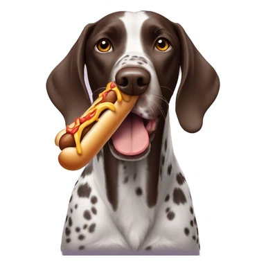 German pointer dog eating a hotdog sticker