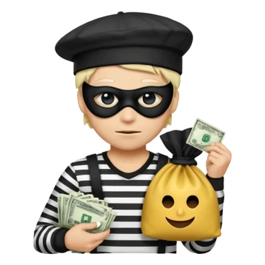 Realistic ios emoji-style portrait of a classic burglar, a black eye mask and a black-and-white striped shirt. emoji-like hair, black hat, a bag of money 💰 with a dollar sign in a right corner, evil expression  sticker