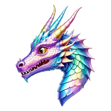 Sparkly glossy Pastel iridescent glass dragon head profile, 2 horns sticker
