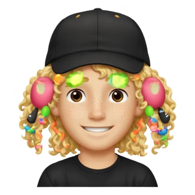 blonde boy with long curly hair past his hears and a LA hat, smiling, wearing a black shirt with freckles sticker