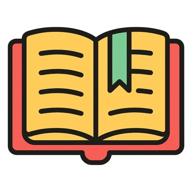 open red hardcover book with green ribbon bookmark sticker