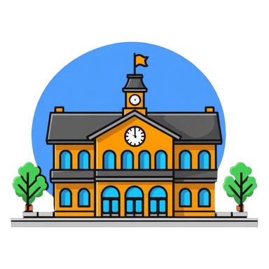 train station building with platforms and clock sticker