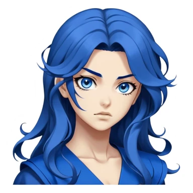head portrait of anime girl with long dark blue hair, blue rose in hair, fierce blue eyes, extremely intense JoJo's Bizarre Adventure style expression, dramatic angle, bold outlines, strong shading sticker