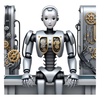 An icon featuring a humanoid robot assembling parts with mechanical arms, a circuit board in its chest, and a conveyor belt in the background. The design includes gears, sensors, and a robotic claw, symbolizing robotics innovation and automation. Transparent background sticker