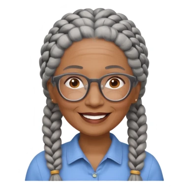 Older woman of color with gray braids, glasses and smiling sticker