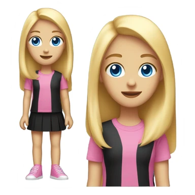 girl with long straight blonde hair, blue eyes, she wear so much make-up, has a pink t-shirt and a black skirt sticker