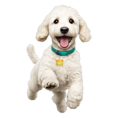 white goldendoodle jumping with birthday outfit sticker
