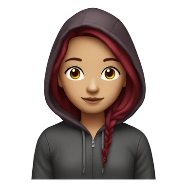 pretty girl with very long burgundy hair with a hoodie sticker