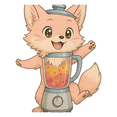 detailed full-body ghibli inspired chibi fox with pastel pink fur transformed into a blender, transparent body filled with luscious multi-fruit smoothie, expressive sparkling eyes, joyful dynamic pose, highly detailed sticker