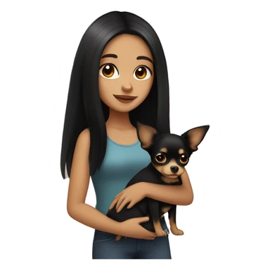 Pretty girl with long black hair, brown eyes, holding a black and tan chihuahua sticker