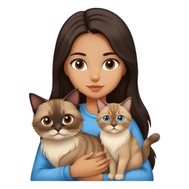 A girl with dark long hair holding a siamese cat and a siberian cat sticker