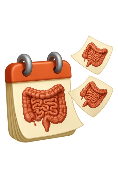 emoji stile iphone di un calendario con fogli che volano insieme, sui fogli ci sono disegnati degli intestini anatomici, iperrealistico 4k, isolato su sfondo bianco sticker