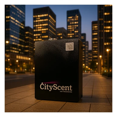 Place this exact CityScent air freshener machine in the center of a modern cityscape at evening, illuminated by ambient city lights, no people, focus on the machine. The style should be realistic and detailed to showcase the machine prominently in the cityscape. sticker