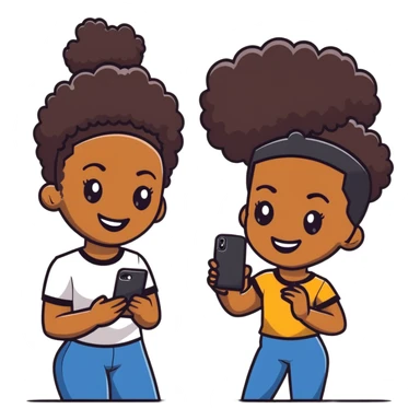 Afro-Caribbean woman smiling, holding iPhone, sending footage to a Black man with a skin fade, both smiling sticker